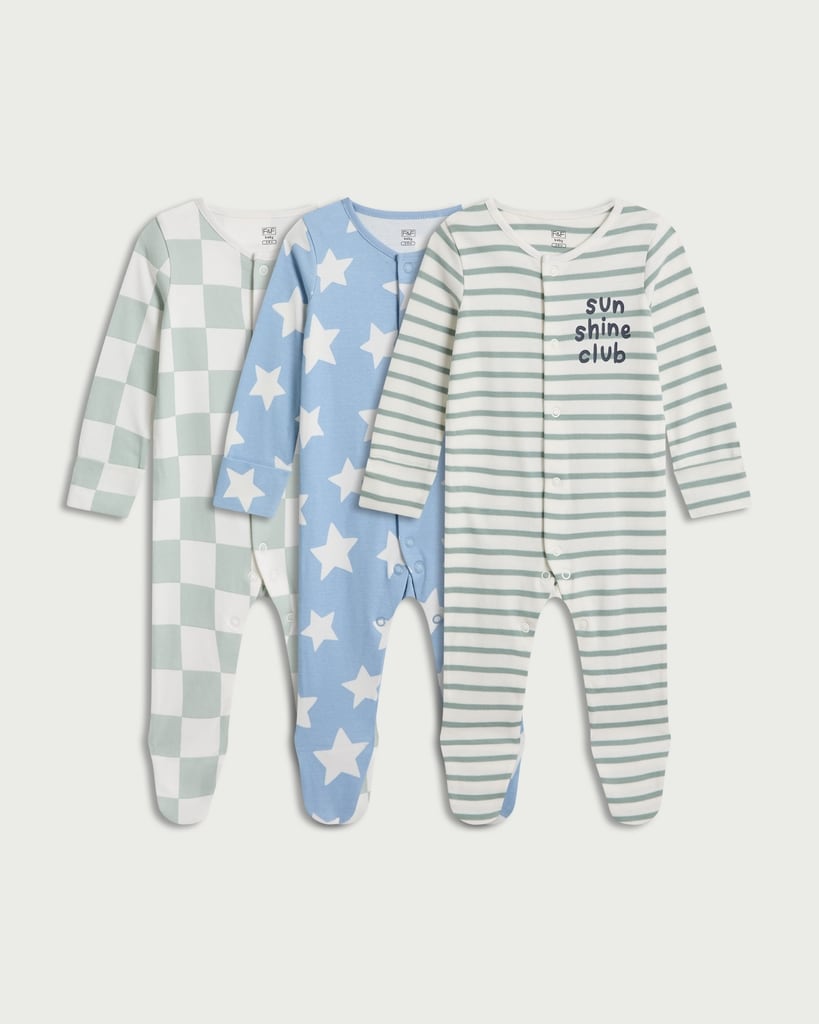 F&F Baby 3-Pack Pure Cotton Printed Sleepsuits in Multi