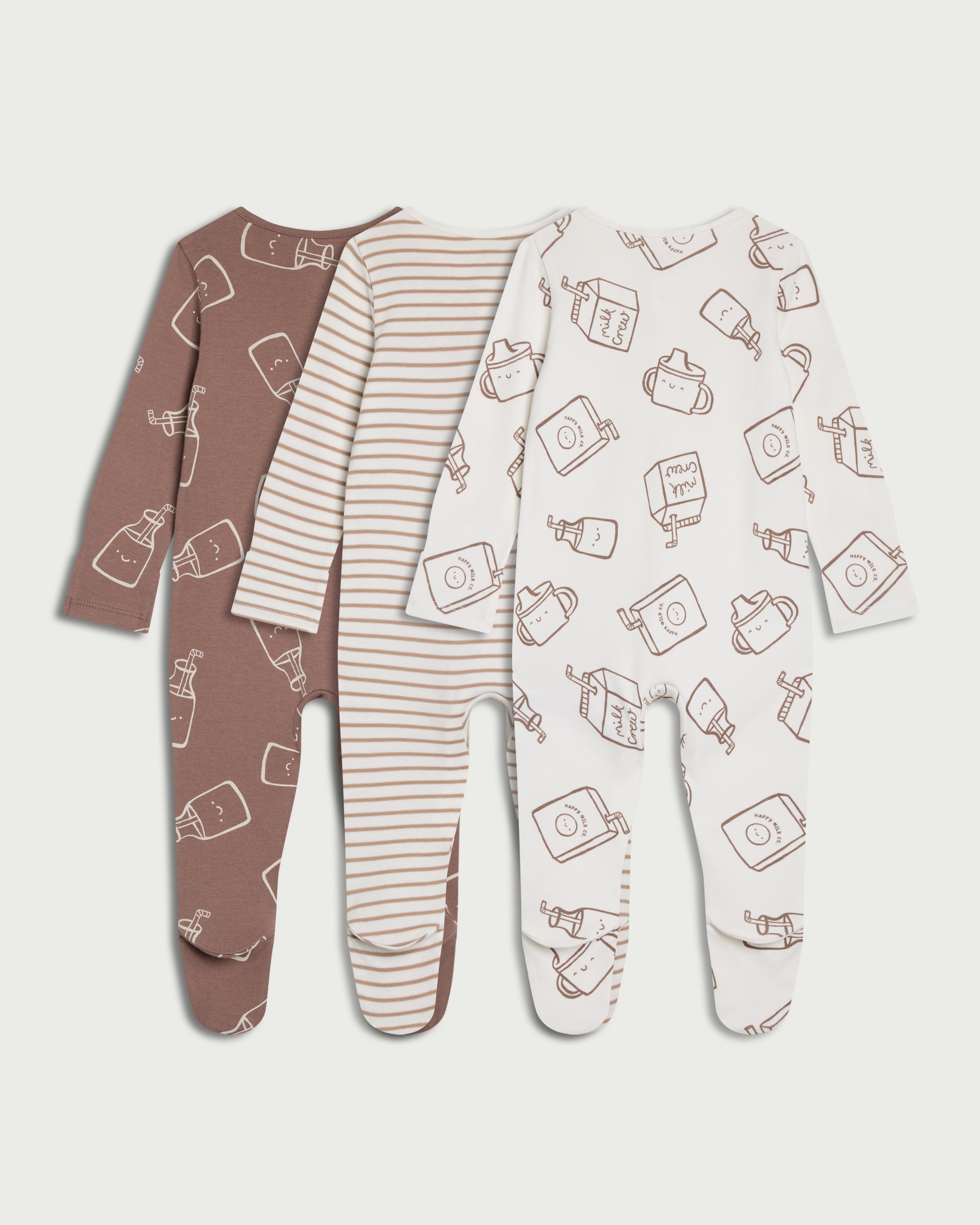 F&F Baby 3-Pack Pure Cotton Milk Printed Sleepsuits in White thumbnail 2