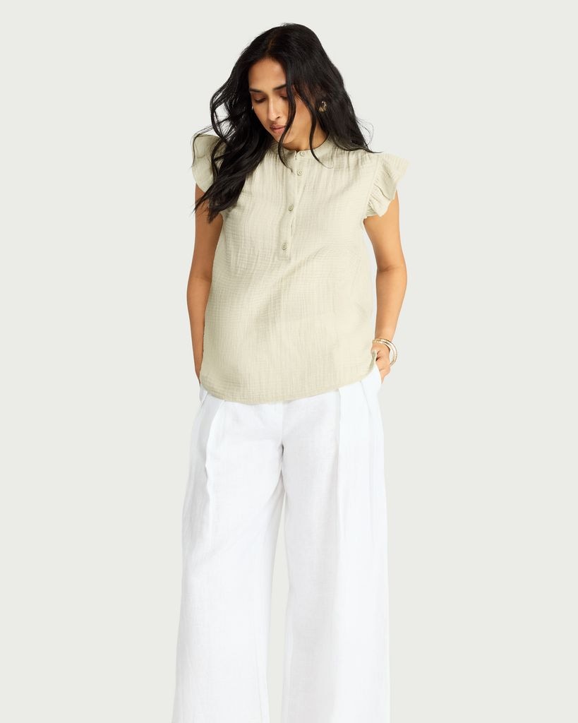 F&F Pure Cotton Double Cloth Ruffle Sleeved Blouse in Green thumbnail 2