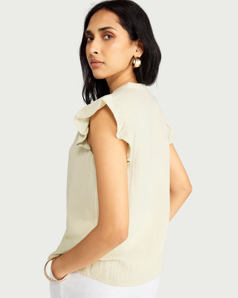 F&F Pure Cotton Double Cloth Ruffle Sleeved Blouse in Green thumbnail 3