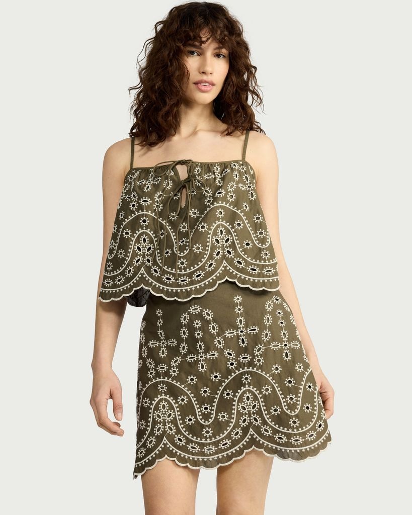 F&F Pure Cotton Embroidered Co-ord Mini Skirt in Khaki