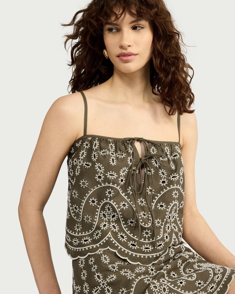 F&F Pure Cotton Embroidered Co-ord Top in Khaki