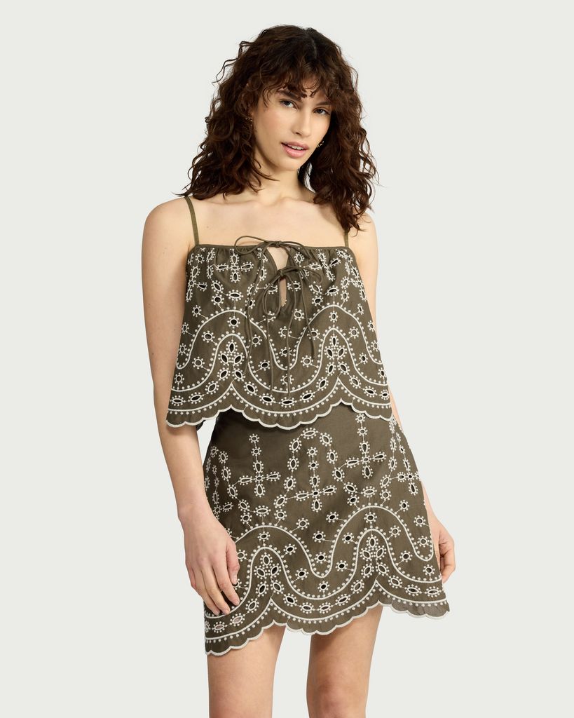 F&F Pure Cotton Embroidered Co-ord Top in Khaki thumbnail 3