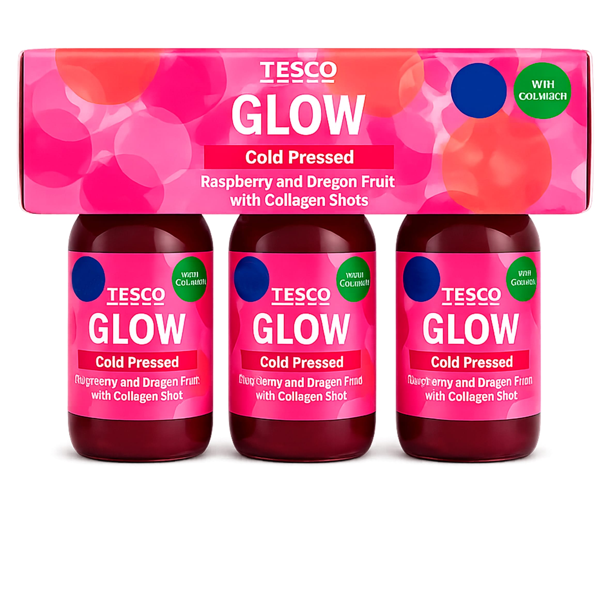 Tesco Glow Cold Pressed Raspberry and Dragon Fruit with Collagen Shots 3 x 60ml