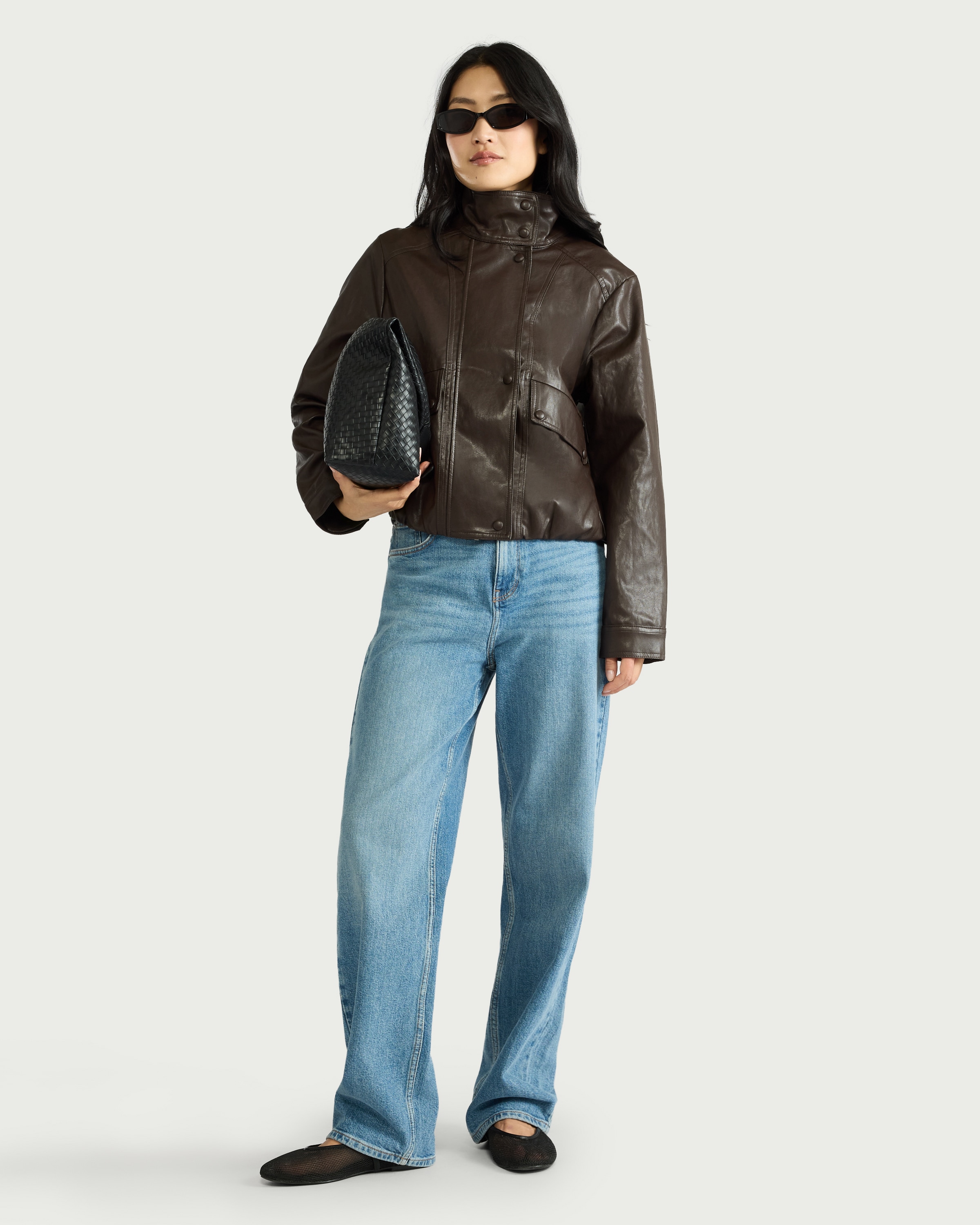 F&F Faux Leather Bubble Hem Jacket in Brown