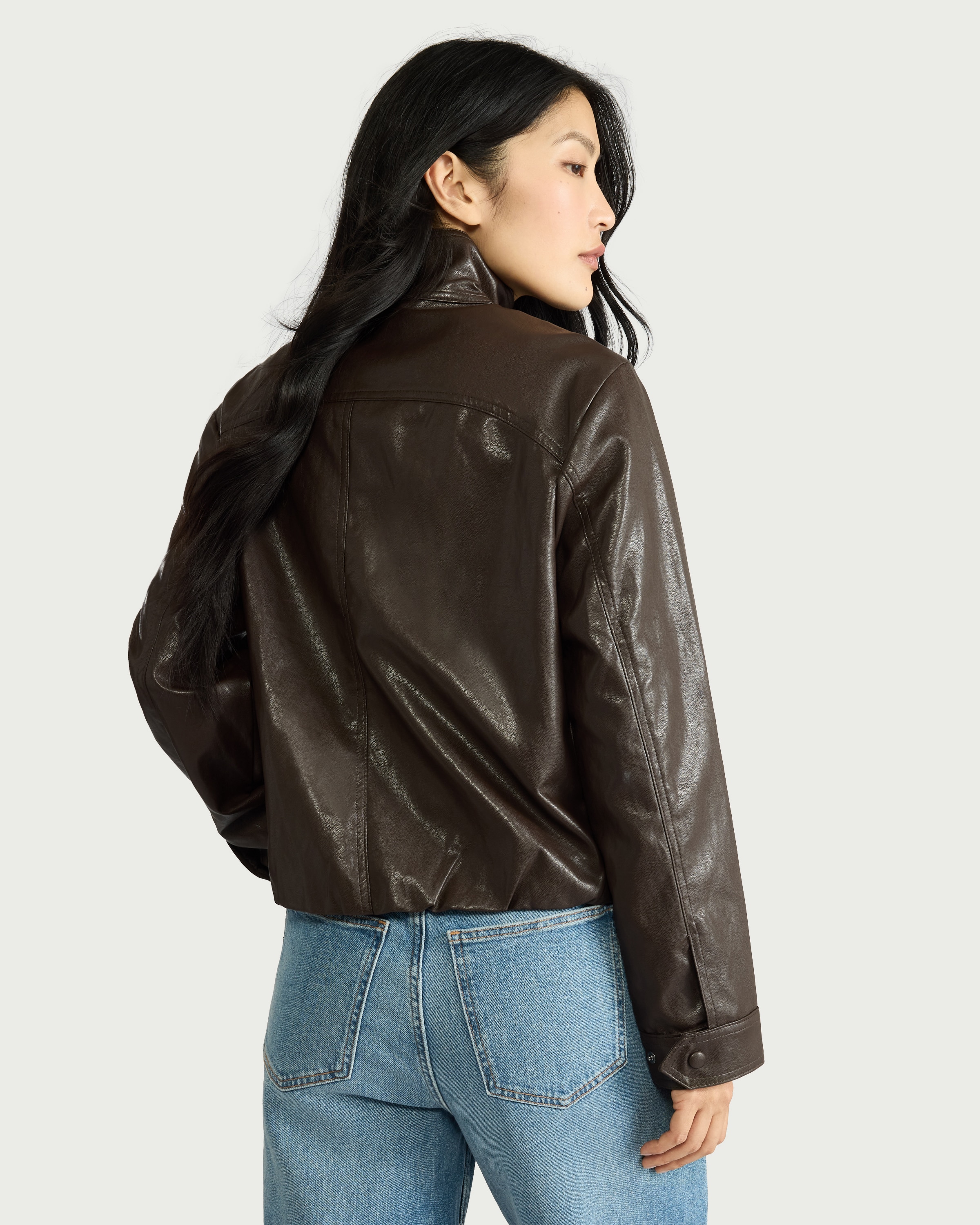 F&F Faux Leather Bubble Hem Jacket in Brown thumbnail 3