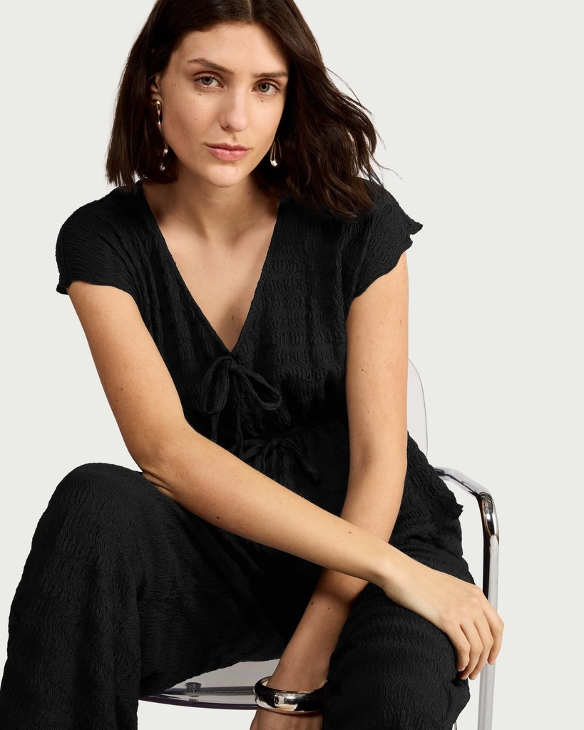 F&F Textured Tie Front Waisted Co-ord Top in Black