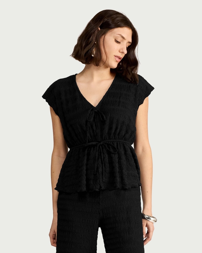 F&F Textured Tie Front Waisted Co-ord Top in Black thumbnail 2