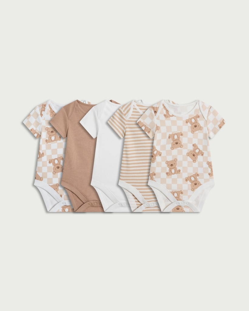 F&F Baby 5-Pack Pure Cotton Bear Printed Bodysuits in Neutral