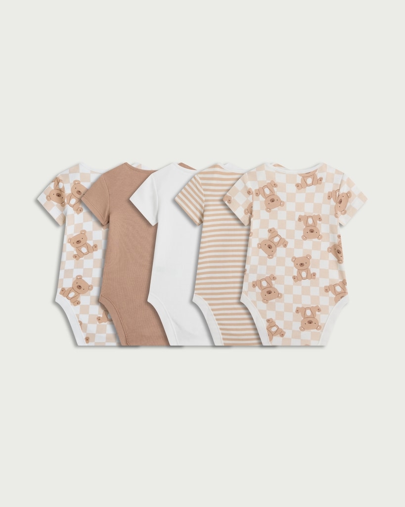 F&F Baby 5-Pack Pure Cotton Bear Printed Bodysuits in Neutral thumbnail 2