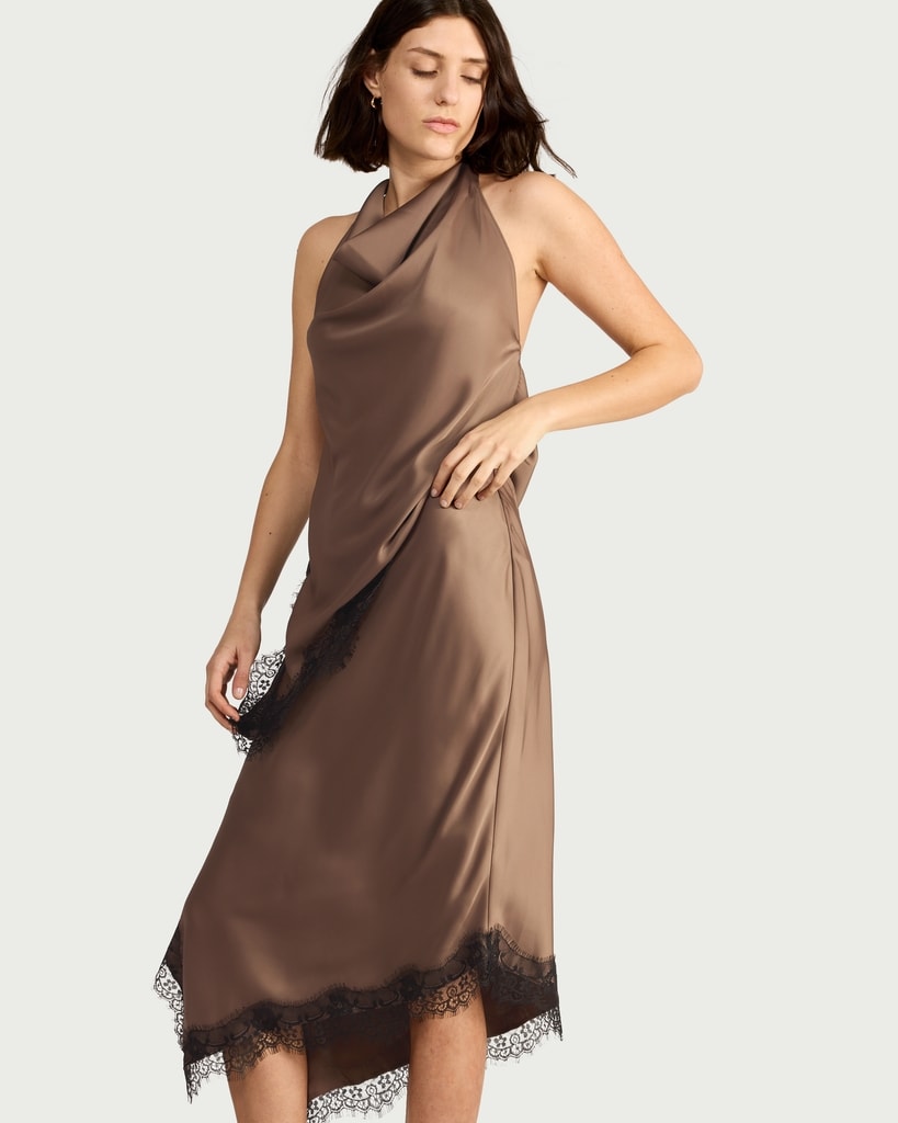 F&F Satin Lace Trim Asymmetric Co-ord Skirt in Brown