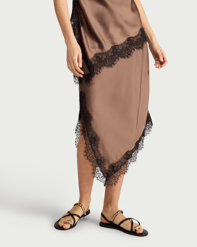 F&F Satin Lace Trim Asymmetric Co-ord Skirt in Brown thumbnail 2