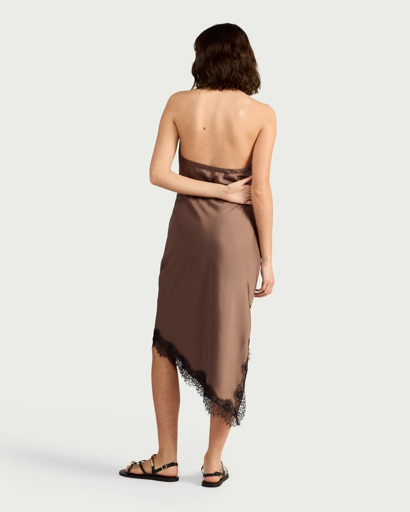 F&F Satin Lace Trim Asymmetric Co-ord Skirt in Brown thumbnail 3