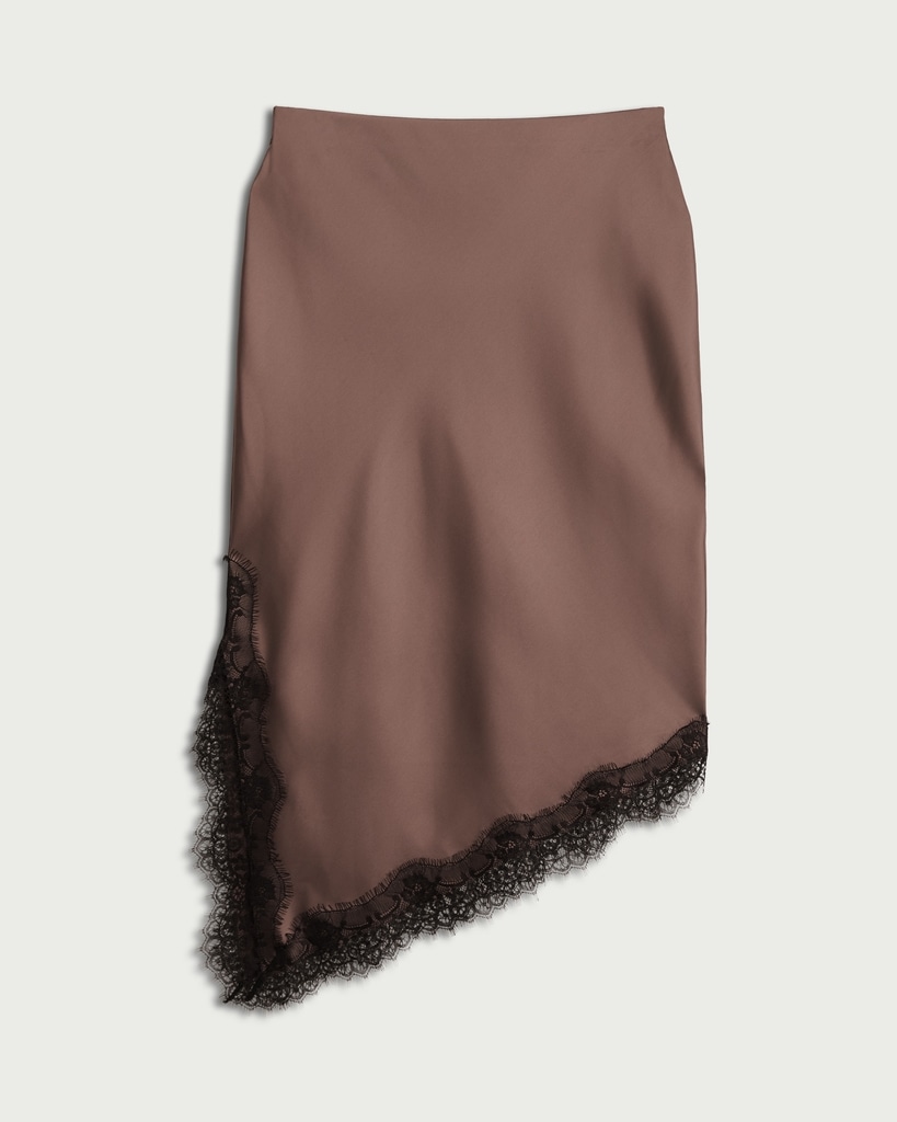 F&F Satin Lace Trim Asymmetric Co-ord Skirt in Brown thumbnail 4