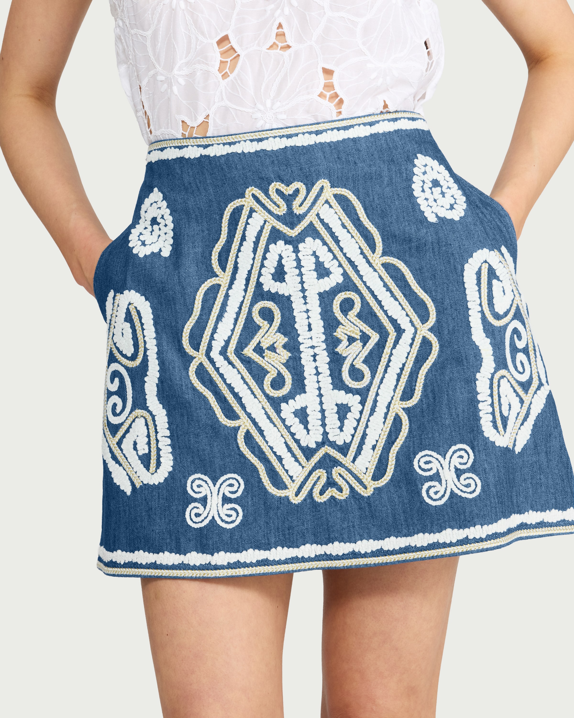 F&F Pure Cotton Embroidered Mini Skirt in Blue thumbnail 2
