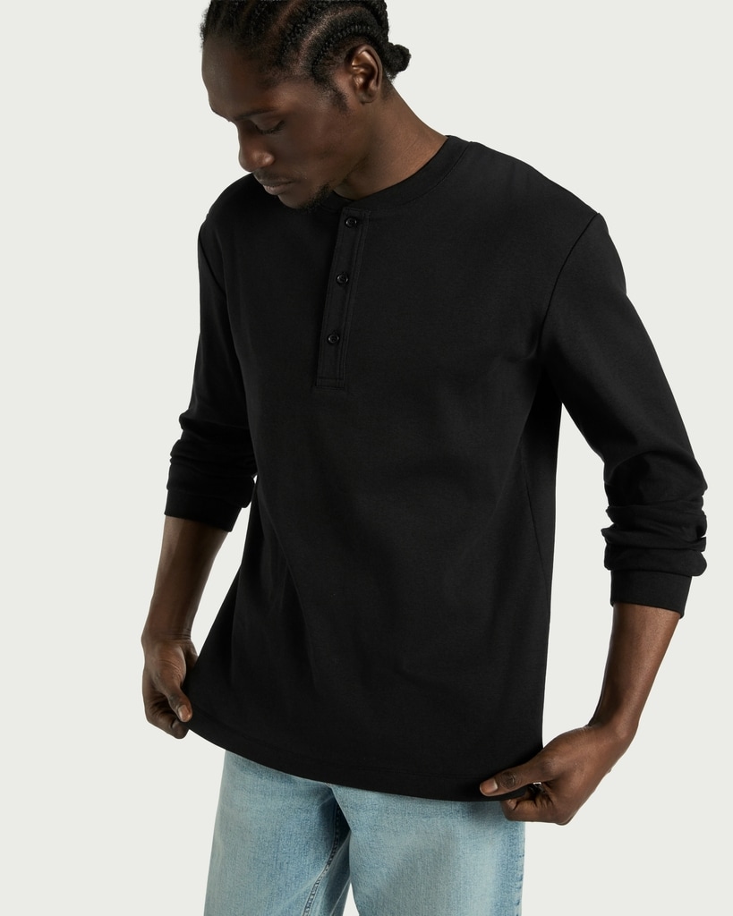 F&F Pure Cotton Henley Long Sleeved Top in Black thumbnail 2