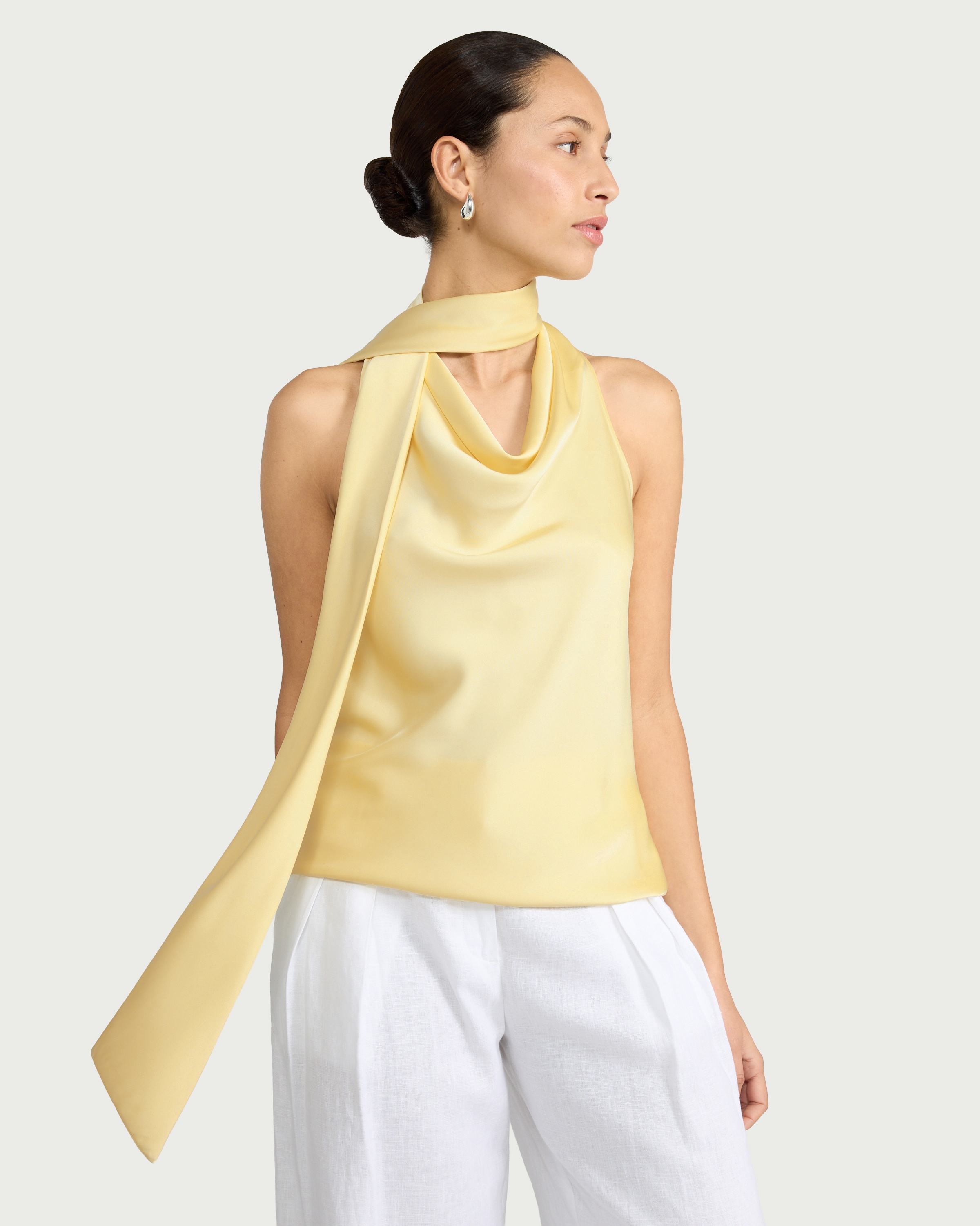 F&F Satin Cowl Scarf Neck Blouse in Yellow
