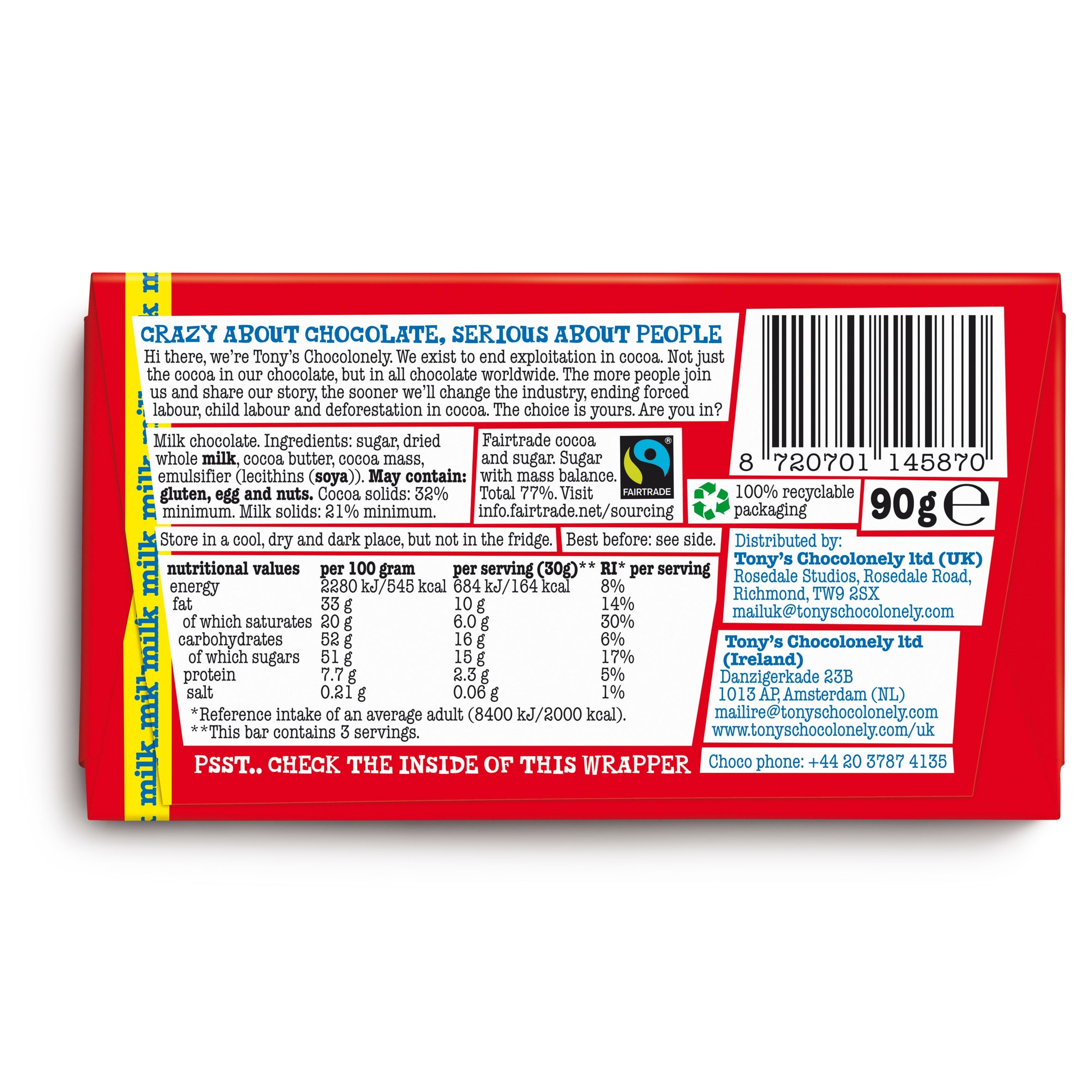 Tony's Chocolonely Milk chocolate 90g thumbnail 2