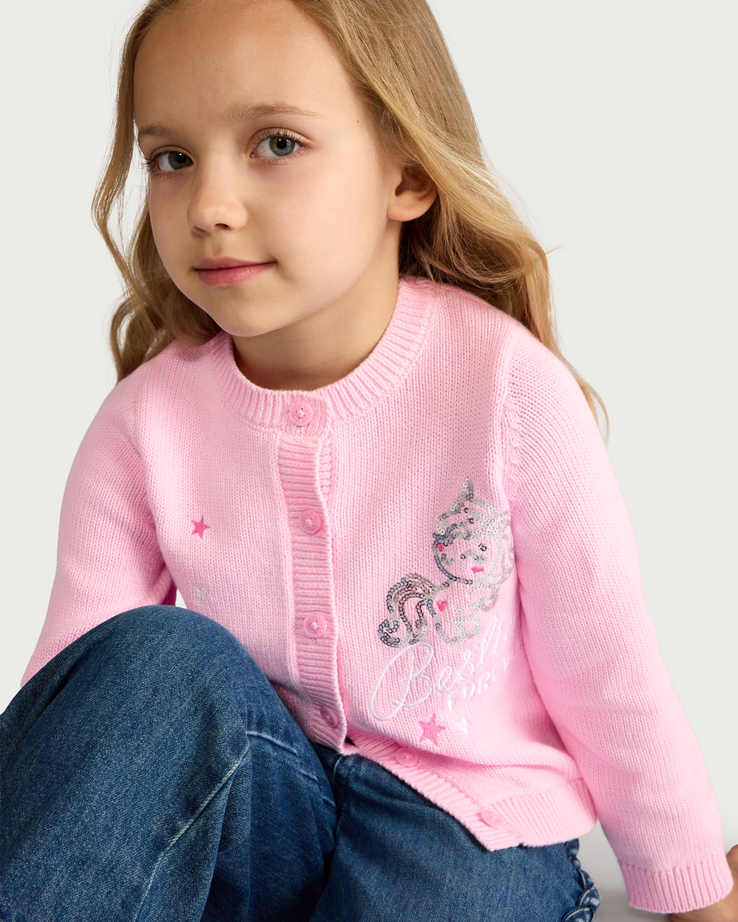 F&F Girls Pure Cotton Sequin Unicorn Cardigan in Pink