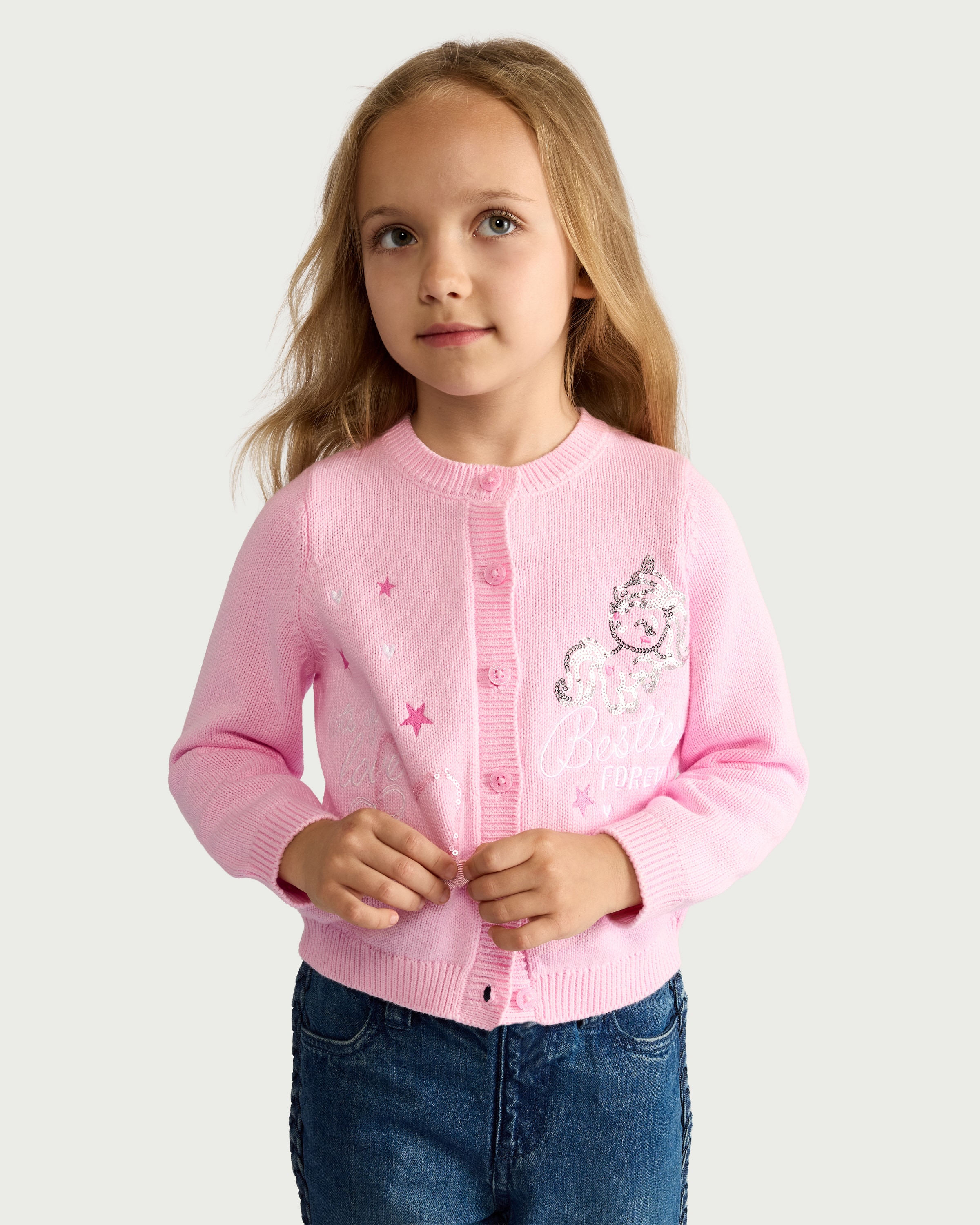 F&F Girls Pure Cotton Sequin Unicorn Cardigan in Pink thumbnail 3