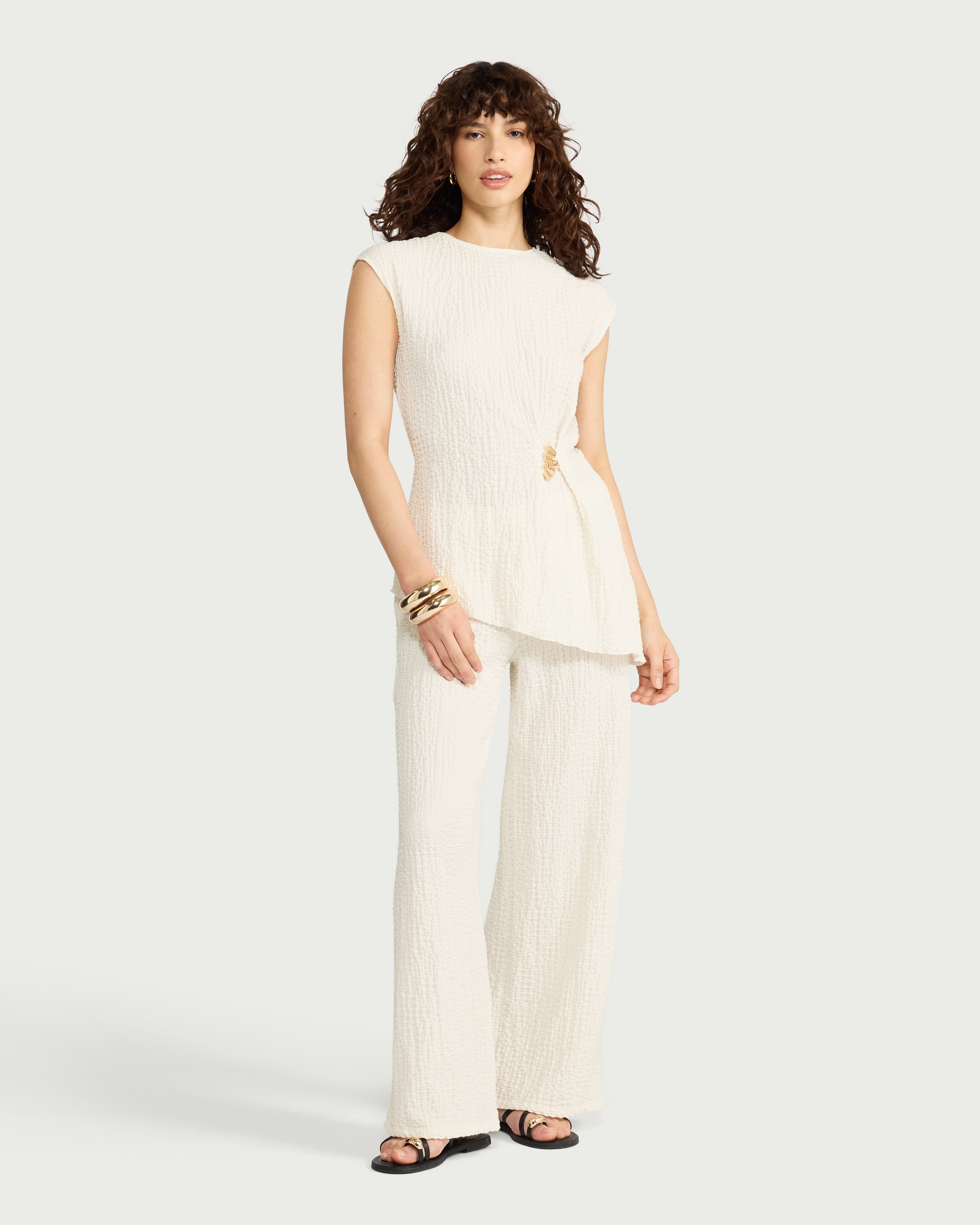 F&F Textured Wide Leg Co-ord Trousers in Cream