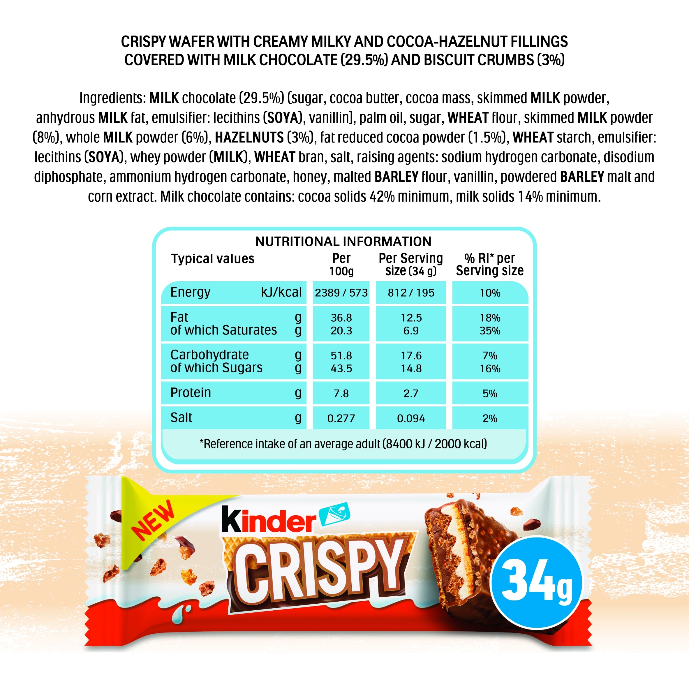 Kinder Crispy Wafer, Chocolate & Hazelnut Bar Multipack 5x 34g thumbnail 3