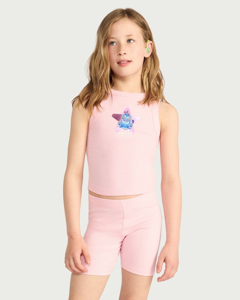 K-Pop Demon Hunters 2-Piece Cotton Rich Derpy Print Vest and Cycling Shorts Set in Pink