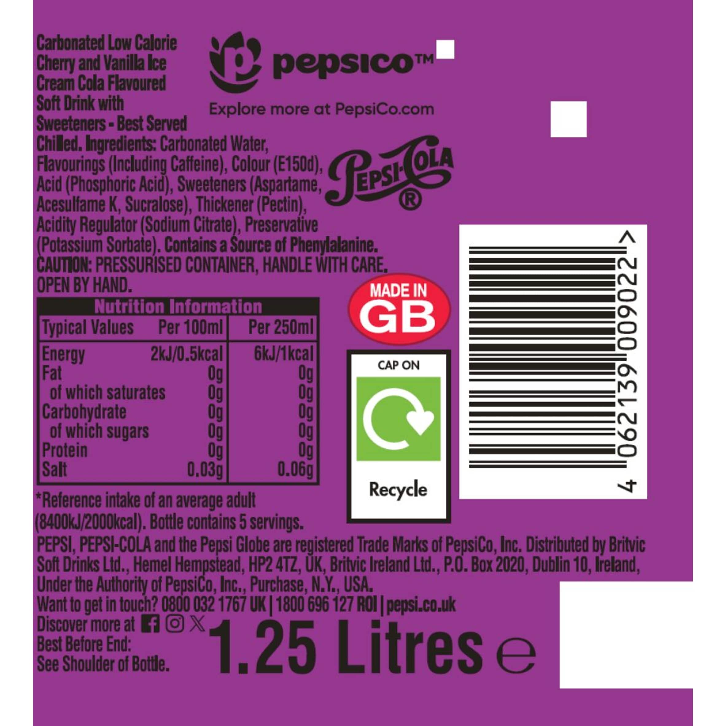 Pepsi Zero Sugar Cherry & Vanilla Flavour 1.25L thumbnail 4