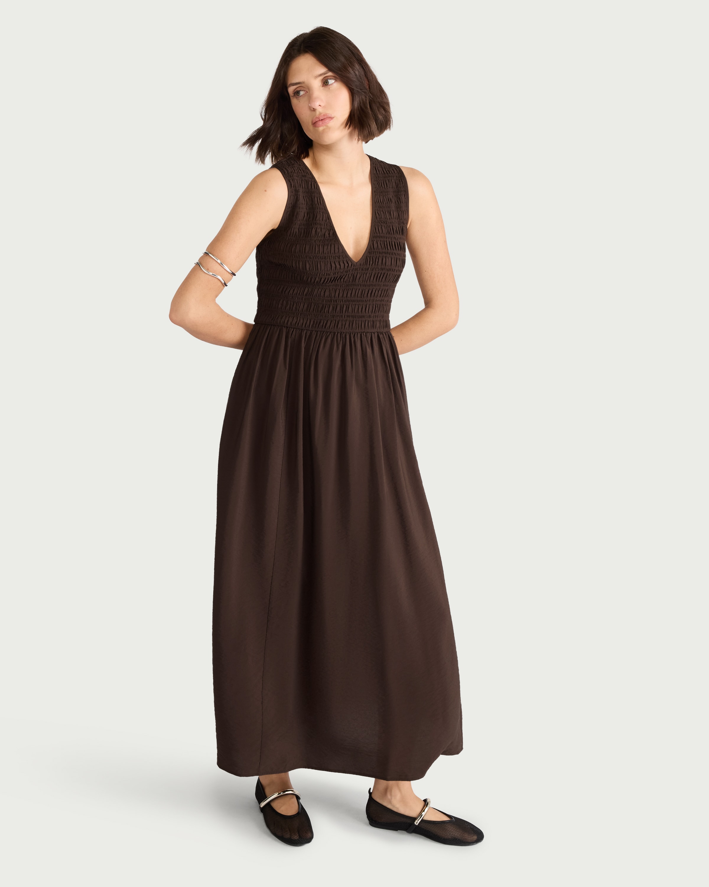 F&F Shirred V Neck Midi Dress in Chocolate