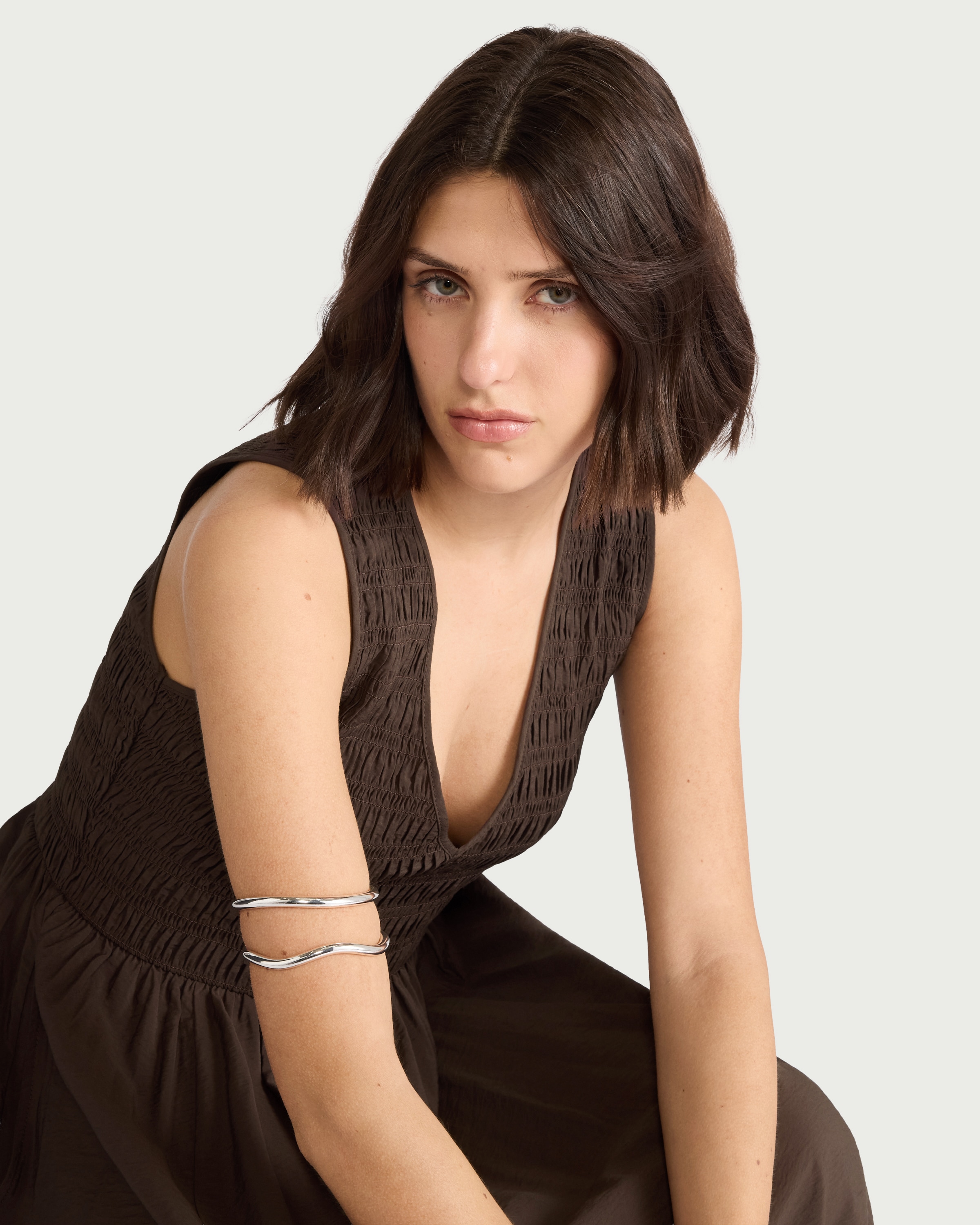 F&F Shirred V Neck Midi Dress in Chocolate thumbnail 2
