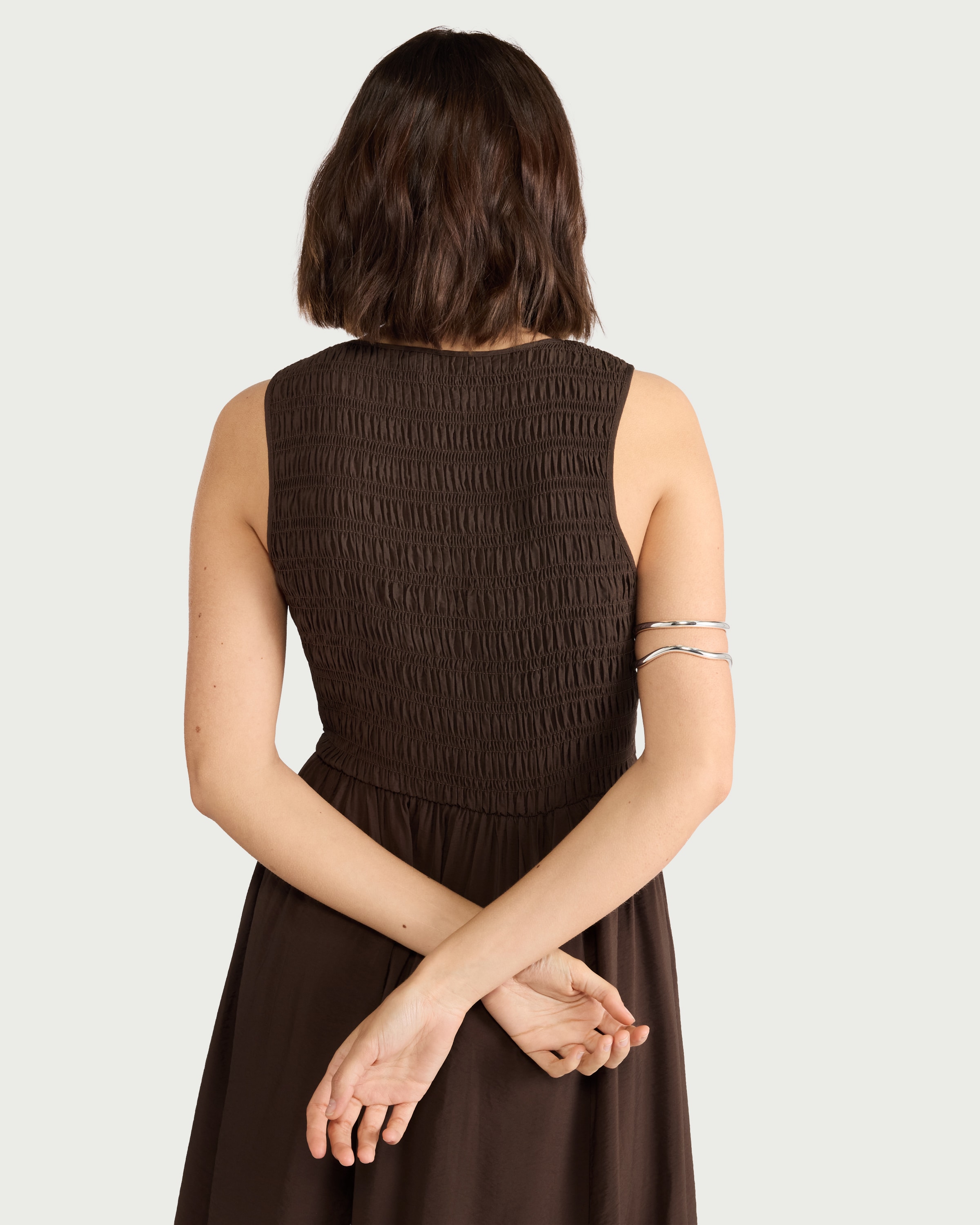 F&F Shirred V Neck Midi Dress in Chocolate thumbnail 3