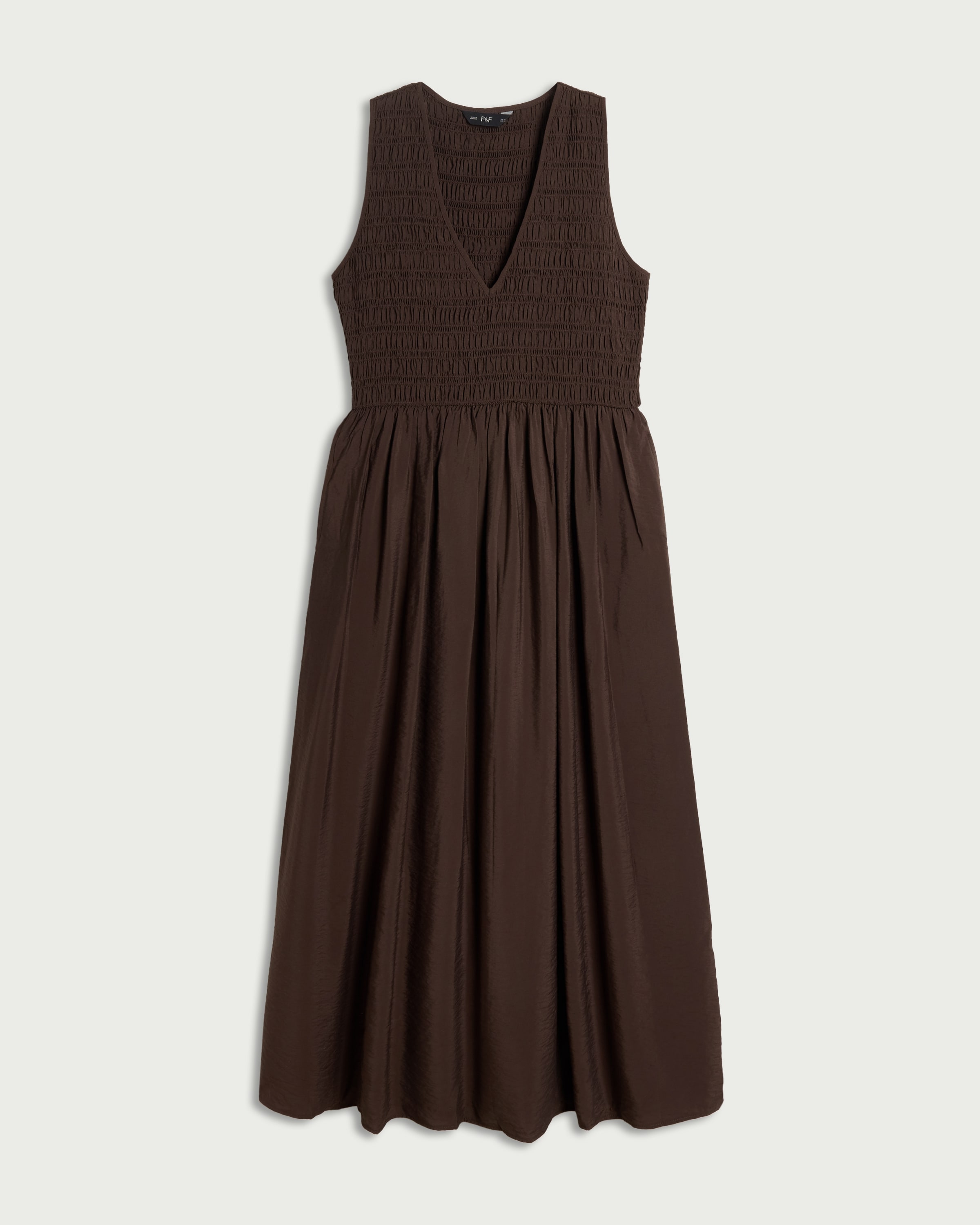 F&F Shirred V Neck Midi Dress in Chocolate thumbnail 4
