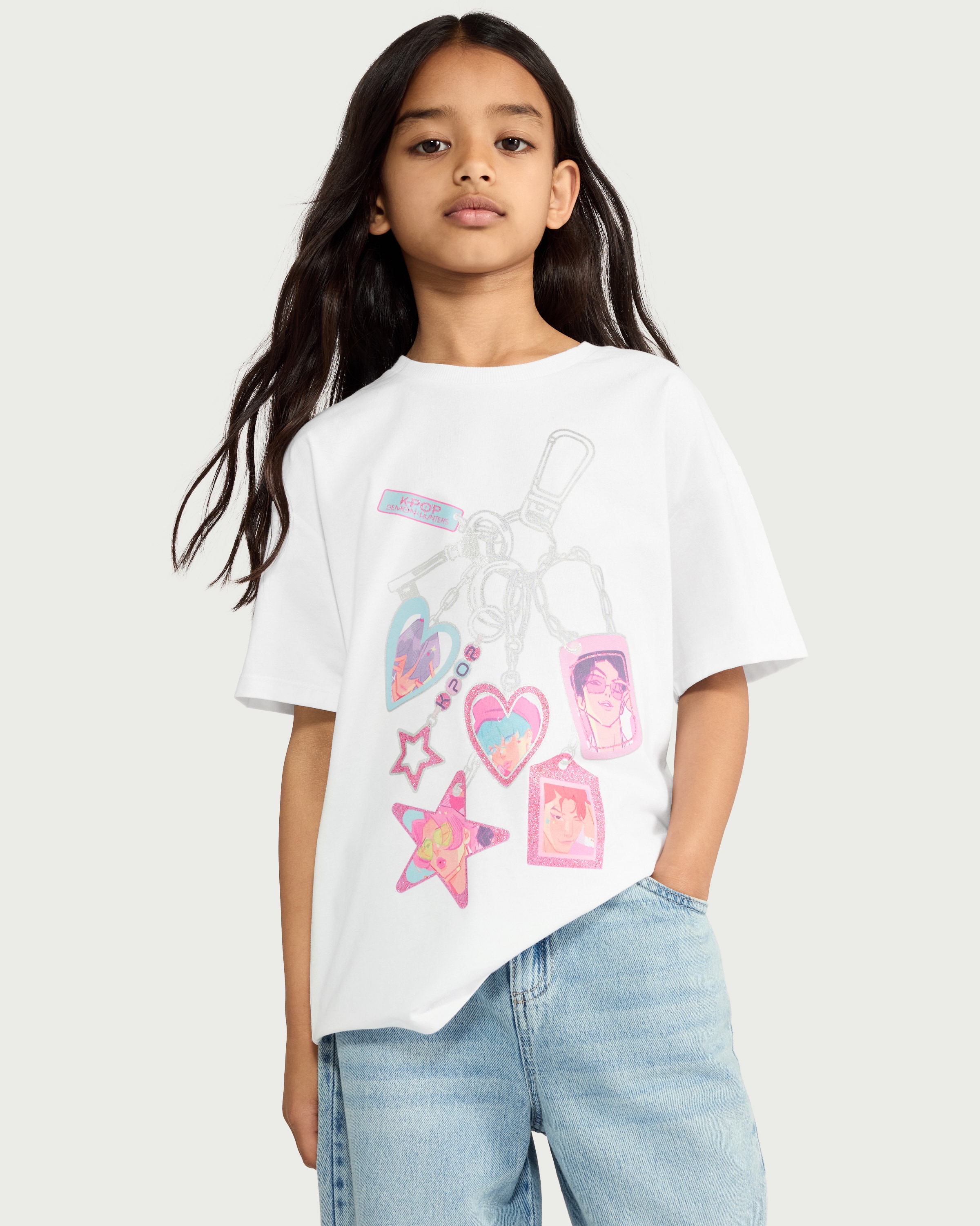 K-Pop Demon Hunters Pure Cotton Keyring Charm Print T-Shirt in White