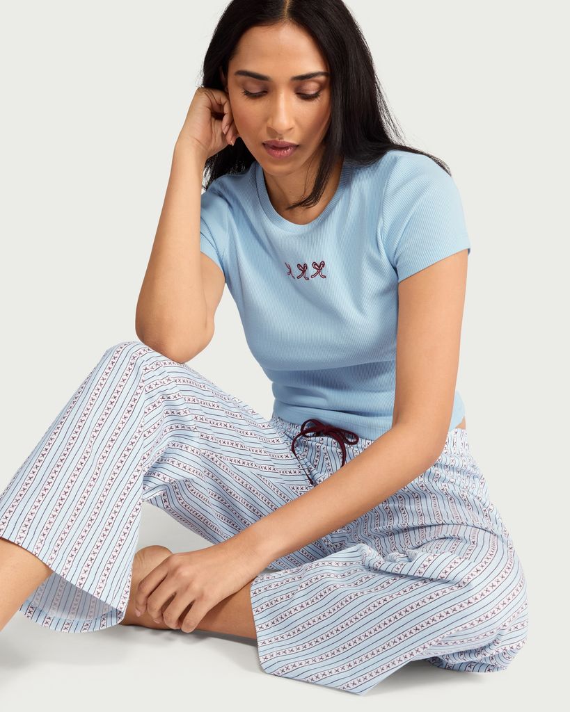 F&F 2-Piece Cotton Rich Striped Pyjama Set in Multi Blue