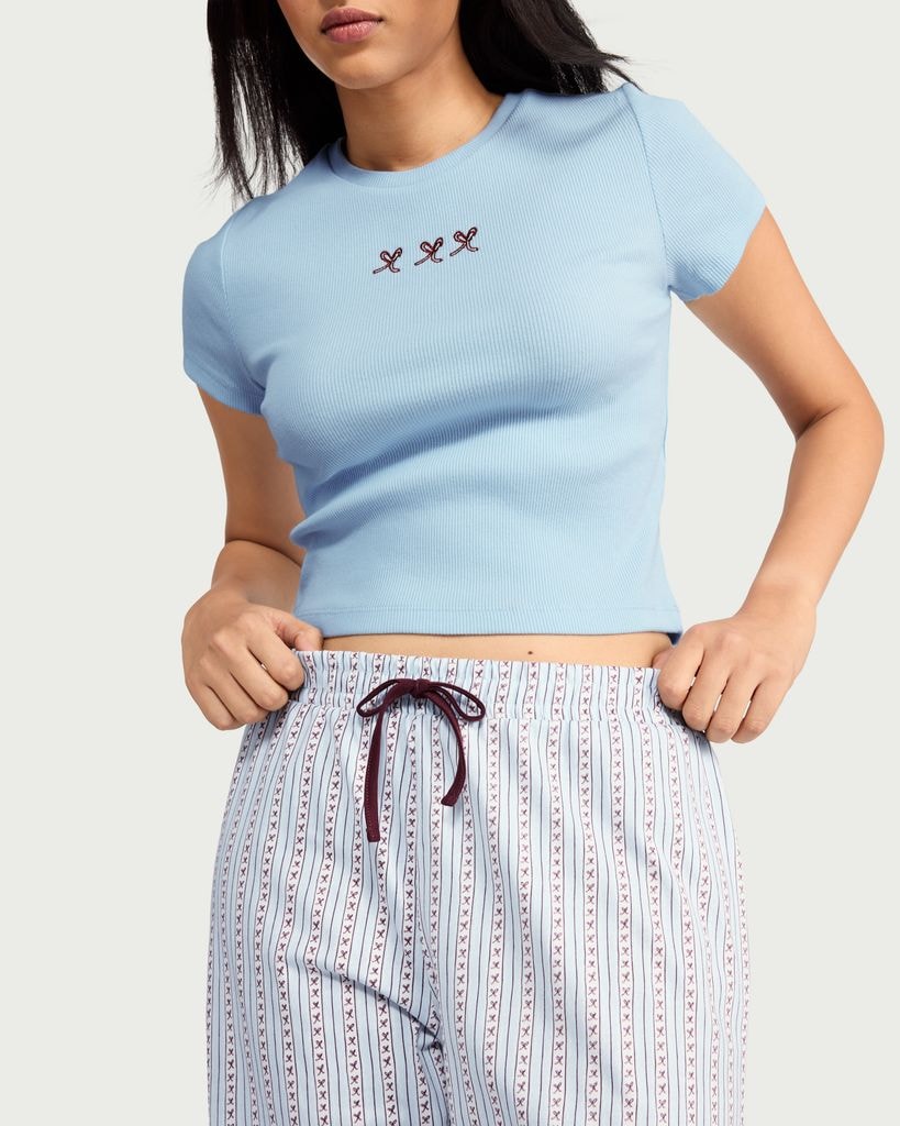 F&F 2-Piece Cotton Rich Striped Pyjama Set in Multi Blue thumbnail 2