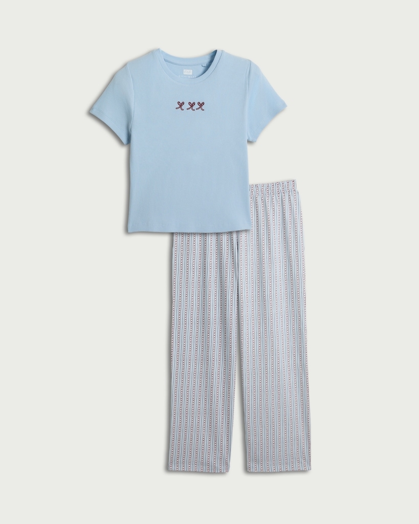 F&F 2-Piece Cotton Rich Striped Pyjama Set in Multi Blue thumbnail 4